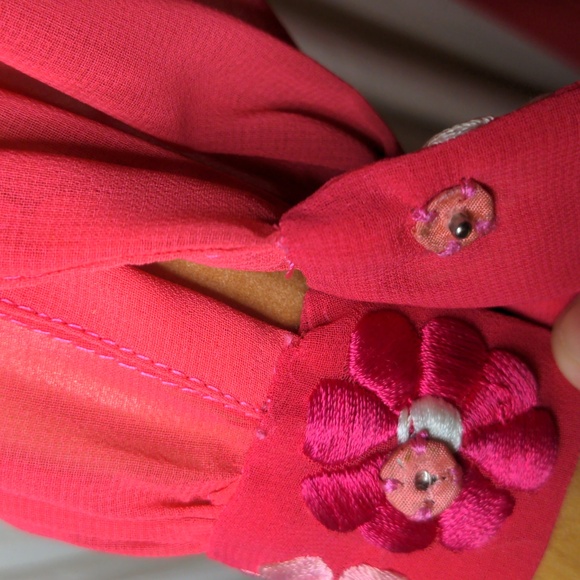 Vintage 60s Pink Embroidered Daisy Maxi Dress Bishop Sleeves XS/Small - Picture 7 of 13